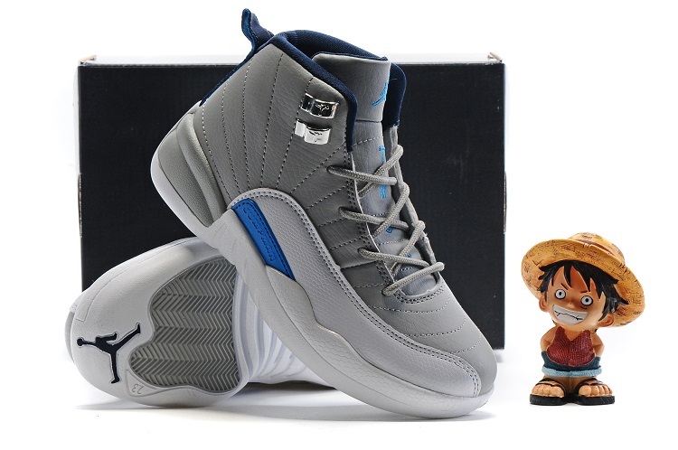 Air Jordan 12 Grey Blue Shoes For Kids On Sale